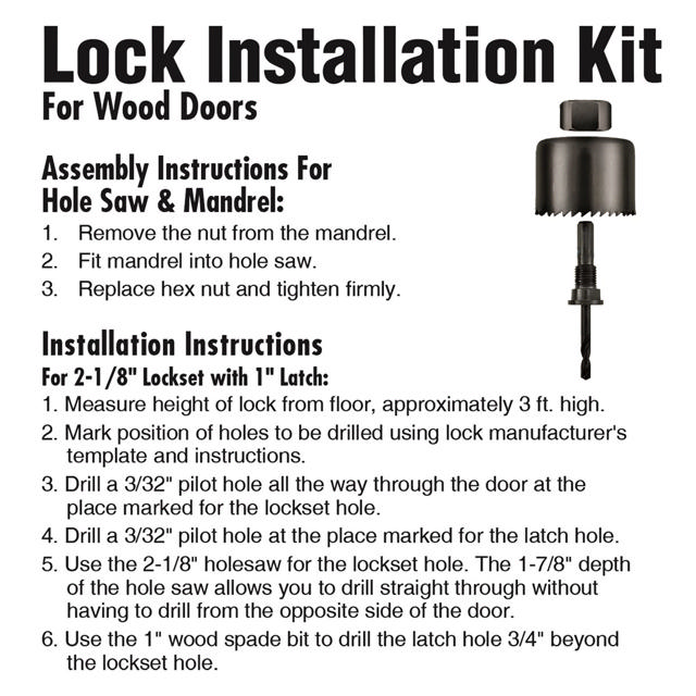 3 Pc Wood Lock Install Kit, 1-7/8